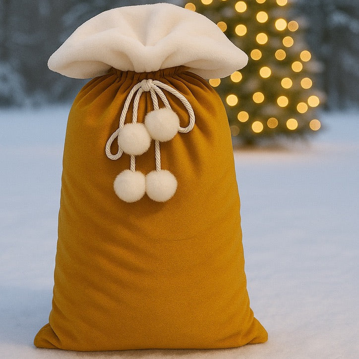A gold velvet fabric gift bag with a white faux fur topper and rope drawstring with pom-poms.  