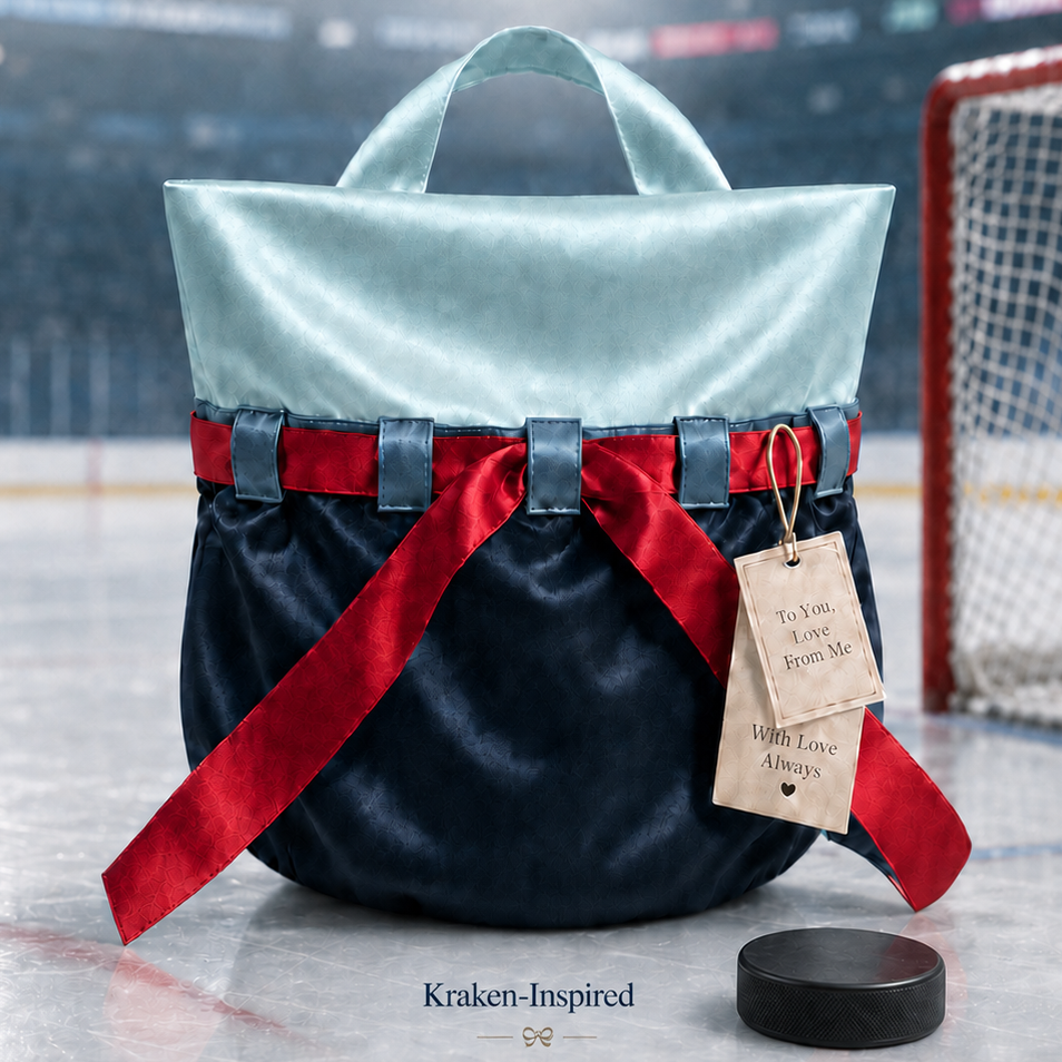 A luxury gift bag with a light blue top and dark navy bottom, tied with a red ribbon, through steel grey blue ribbon loops.  Change the ribbon out to white, cream or other options!