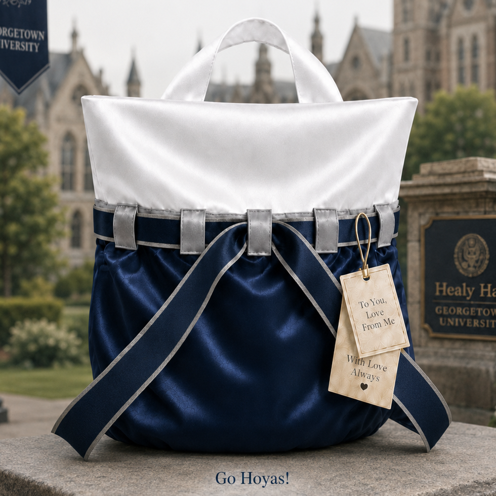 A navy velvet and white satin topped luxury gift bag with blue and grey ribbon in light grey ribbon loops.  Go Hoyas!