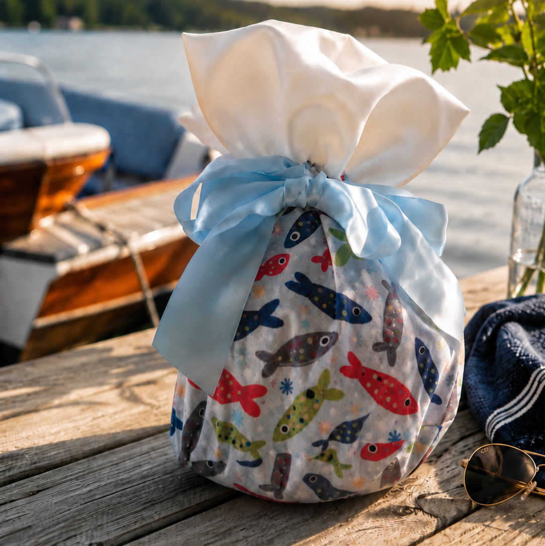 Laketime inspired with whimsical velvet fish gift bag and a white satin top.  Select the baby blue (shown) or teal or orange ribbon for your favorite Laketime person.  