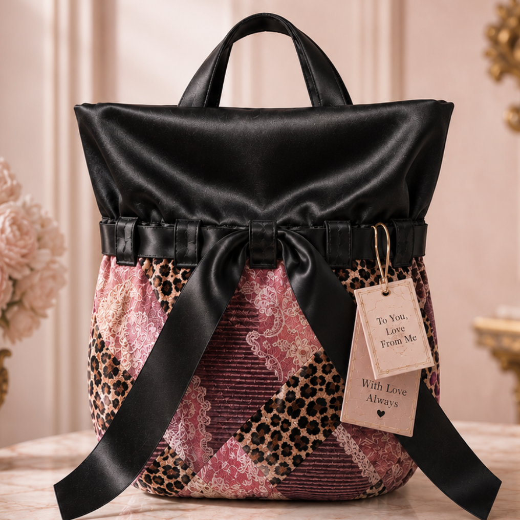A luxury handbag by ATTOUX featuring a black satin top and handles, a black ribbon bow, and a velvet pink floral and leopard print patterned body. 
