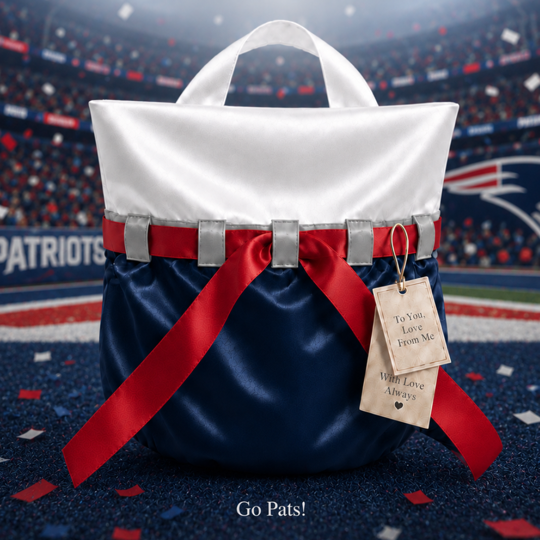 A patriotic-themed gift bag featuring a white satin top section, a navy blue velvet bottom section, light grey ribbon loops and a red ribbon tie.