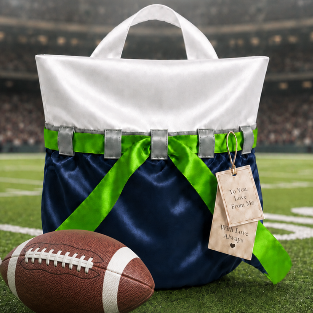 Seahawks inspired luxury gift bag featuring a white satin top and handle, navy blue velvet body, bright green ribbon accent, and light grey satin ribbon loops.  Change out the green for grey and you have a Georgetown inspired gift bag!