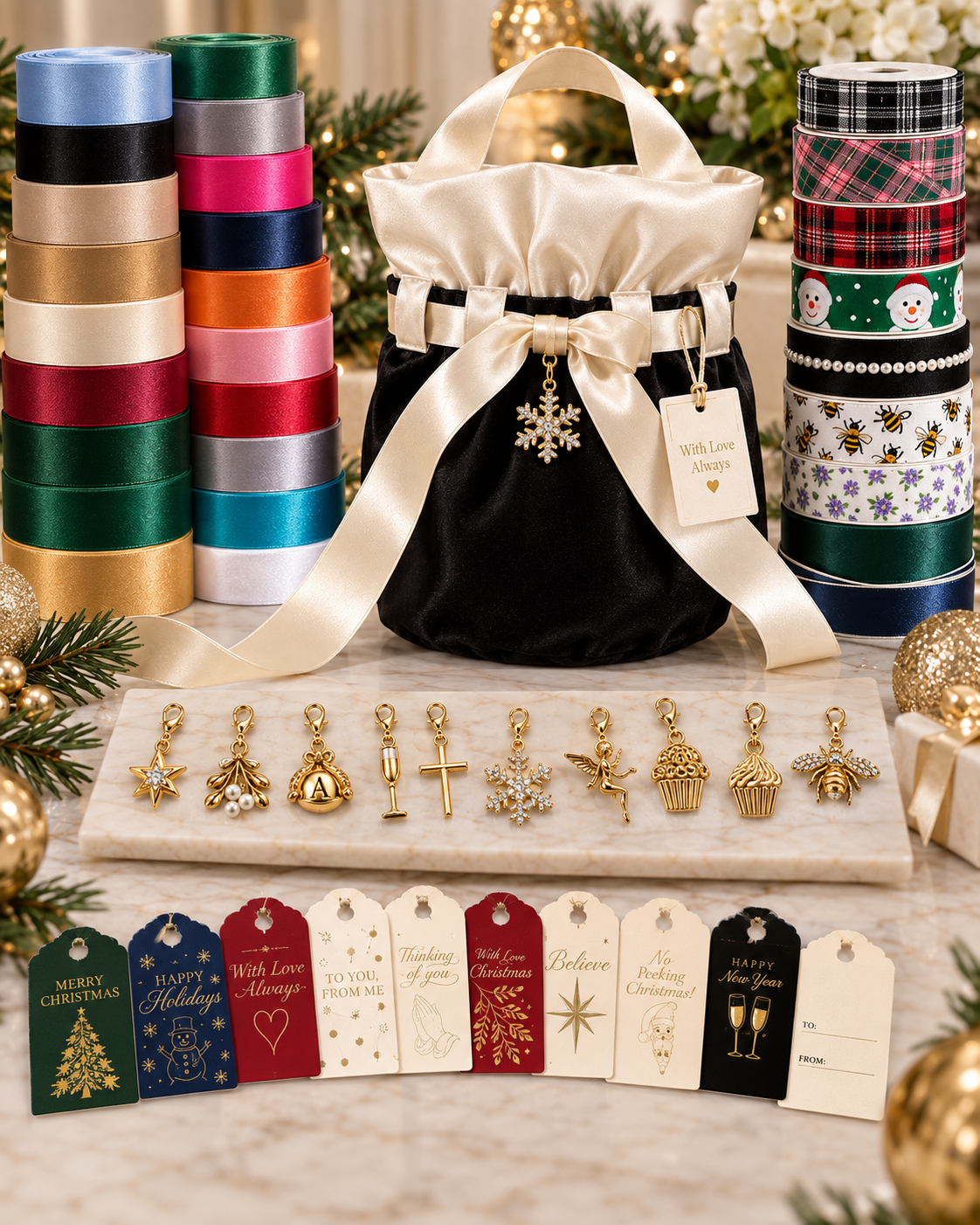 Attoux ribbons, tags, charms, and Signature bag
