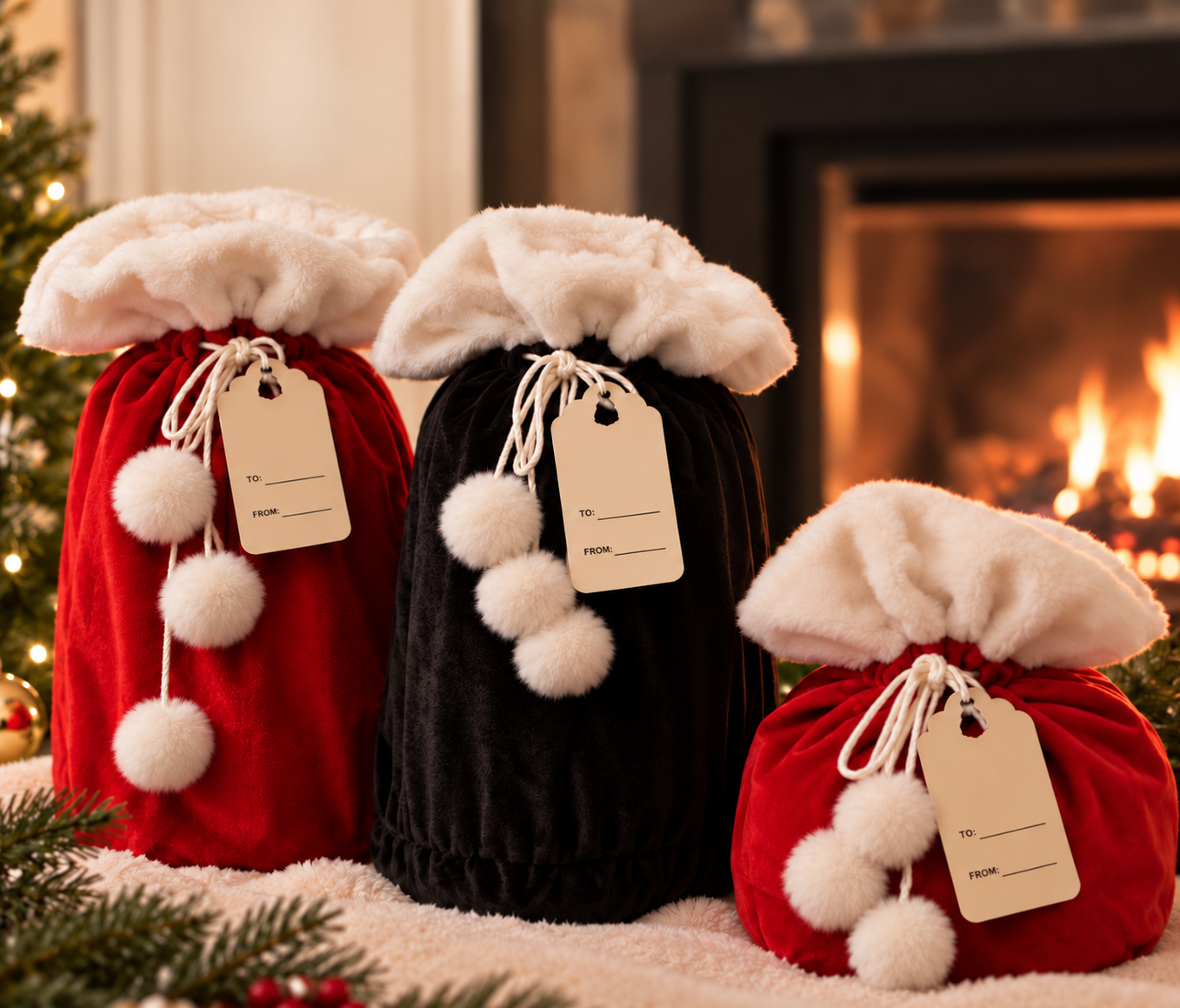 Classic Attoux bags with faux-fur toppers, pom-poms, and gift tags