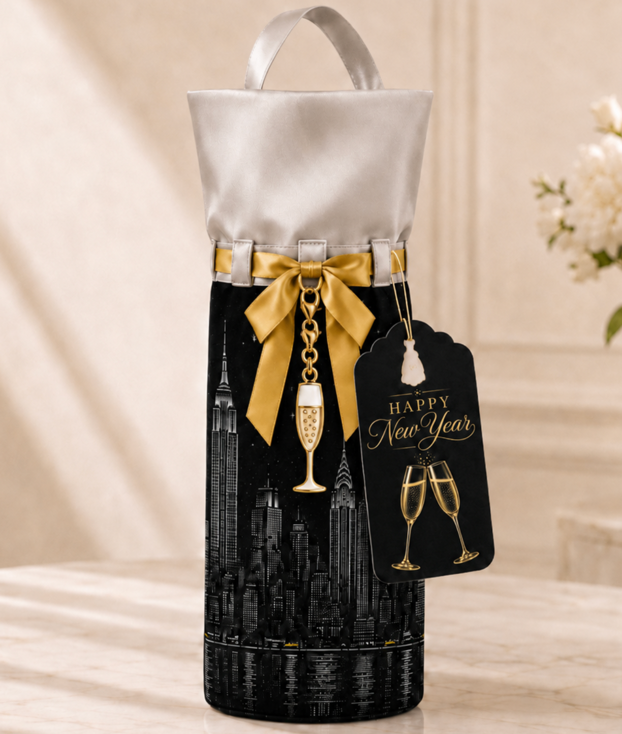 Attoux bottle bag with gold ribbon, charm, and gift tag
