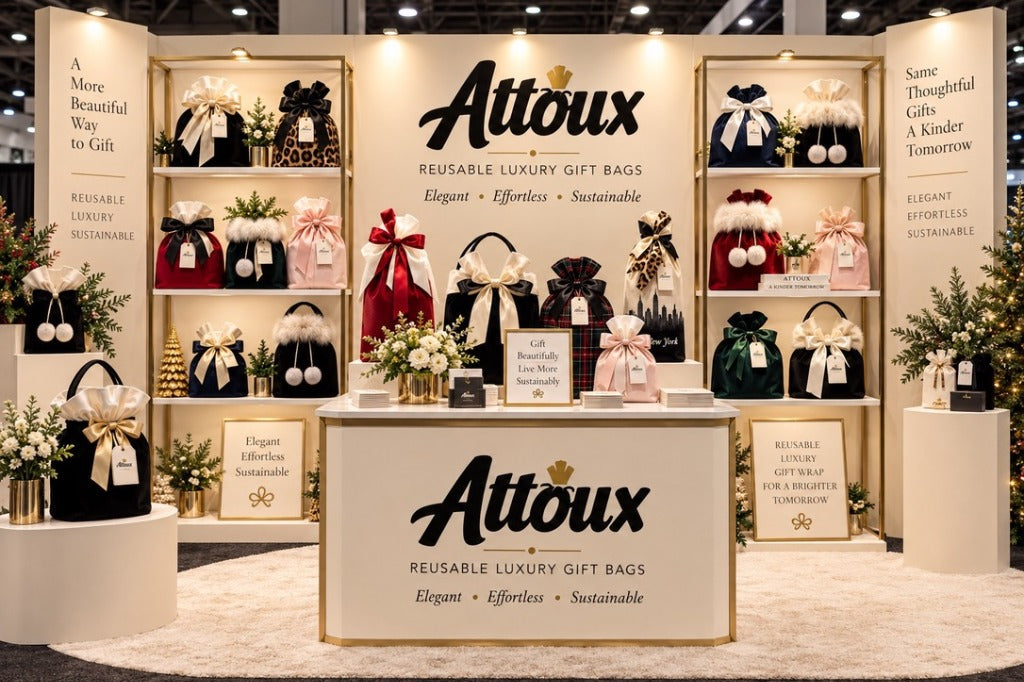 Attoux trade show booth with the full reusable gift bag collection on display